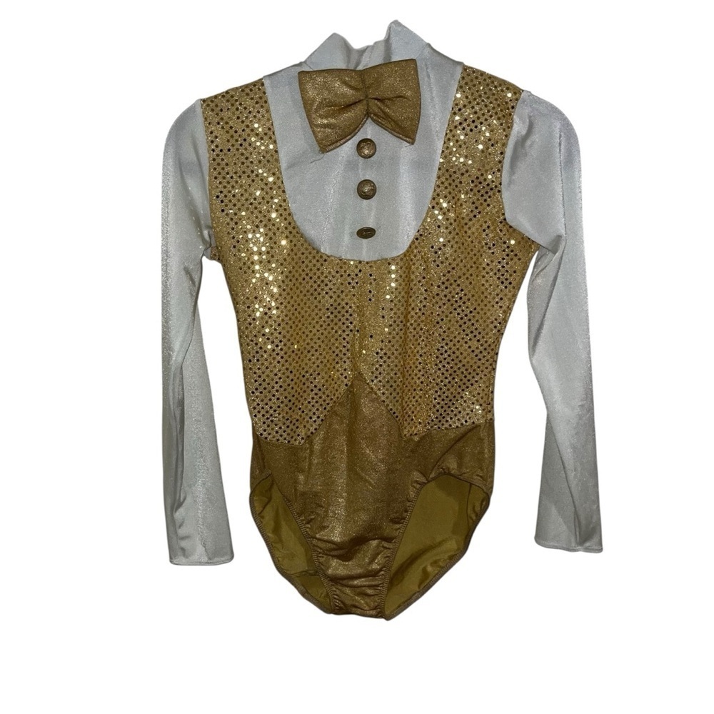 Art stone dance costume leotard dancewear gold sequins bow tie adult small e329